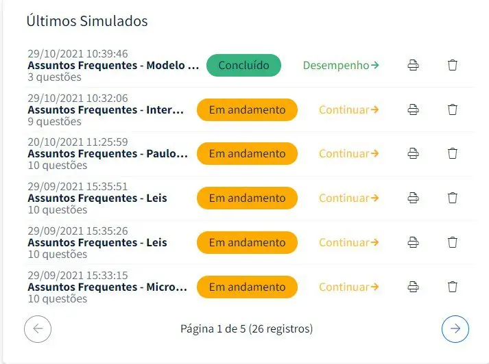 Tela de filtros do Gran Questões Tela de filtros do Gran Questões